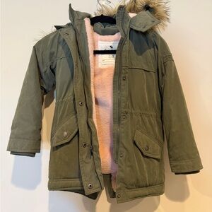Abercrombie Kids Girls Olive Green Parka with Pink Lining Size 7-8